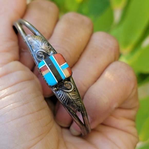 Native American 925 sterling silver square inlay squash blossom vintage bracelet - Picture 12 of 15